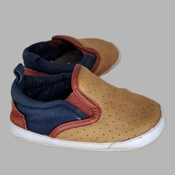 OshKosh B'Gosh Kids #OK02474 Baby Size 4 Slip On Soft Crib Shoe Tan + Blue - Picture 2 of 13